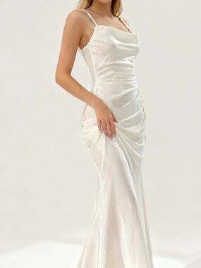 Strapless Ivory Satin Cowl Ruched Evening Dress